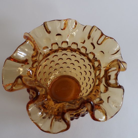 Vintage Fenton Hobnail Ruffled Amber Bowl Vase/ビンテージ