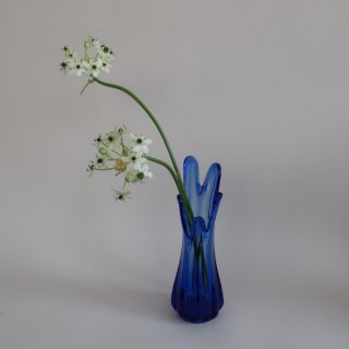 Vintage Blue Swung Glass Flower Vase/ビンテージ ブルー ガラス フラワーベース /花器/花瓶(A568)