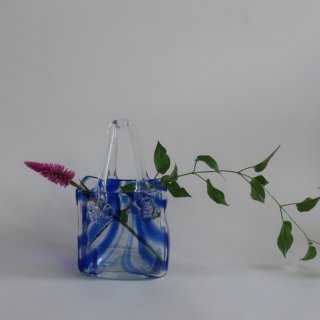 Vintage bag motif glass flower vase blue marble/ビンテージ バッグモチーフ ガラス フラワーベース/花器/花瓶(A624)