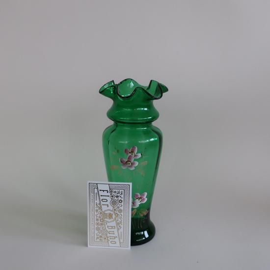 Antique Green Ruffled glass Flower Vase/アンティーク