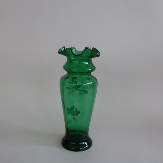 Antique Green Ruffled glass Flower Vase/アンティーク Antique Green Ruffled glass Flower Vase/アンティーク