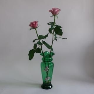 Antique Green Ruffled glass Flower Vase/ƥ ꡼ 饹 åե ե١ /ִ/(A694)