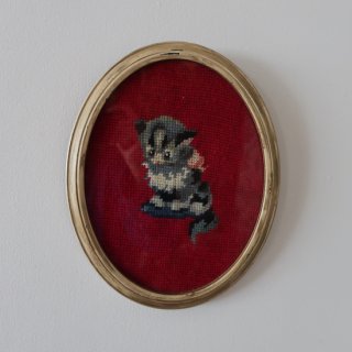 Vintage 60's cross-stitch Wall Art Cat/ビンテージ クロスステッチ 刺繍 ウォールデコ ウォールアート(A754)