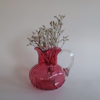 Vintage Cranberry Pink glass flower vase pitcher Jug/ビンテージ クランベリーピンク ガラス ジャグ フラワーベース/花瓶/ピッチャー(A779)
