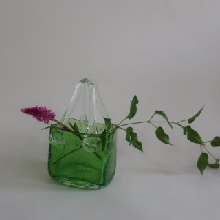 Vintage bag motif glass flower vase green/ビンテージ バッグモチーフ ガラス フラワーベース/花器/花瓶(A780)