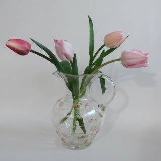 Vintage Hand paint Glass flower vase pitcher Jug/ビンテージ ハンドペイント ガラス ジャグ フラワーベース/花瓶/ピッチャー(A797)