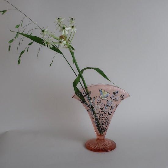 Vintage Hand painted Pink Glass Fan Vase/ビンテージ ピンク