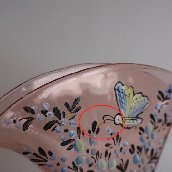 Vintage Hand painted Pink Glass Fan Vase/ビンテージ ピンク