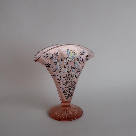 Vintage Hand painted Pink Glass Fan Vase/ビンテージ ピンク Vintage Hand painted Pink Glass Fan Vase/ビンテージ ピンク