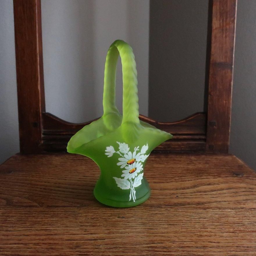 英国 イギリス ウランガラス バスケット ヴィンテージ キャンドルホルダー 英国 イギリス ウランガラス バスケット ヴィンテージ