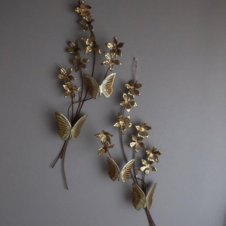 Vintage Mid Century Brass Flower and Butterfly Wall Deco set