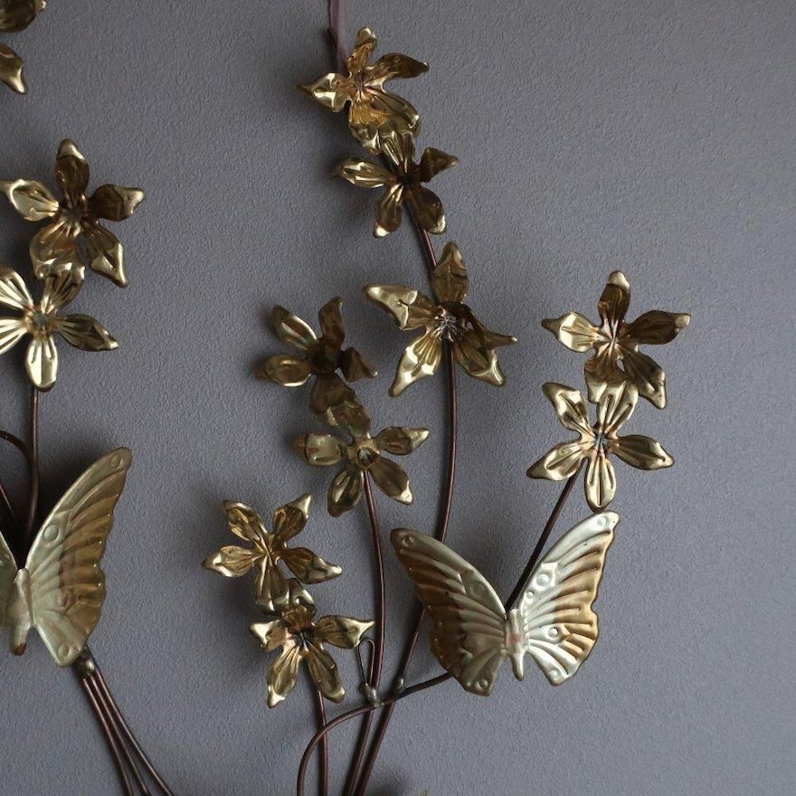 Vintage Mid Century Brass Flower and Butterfly Wall Deco set