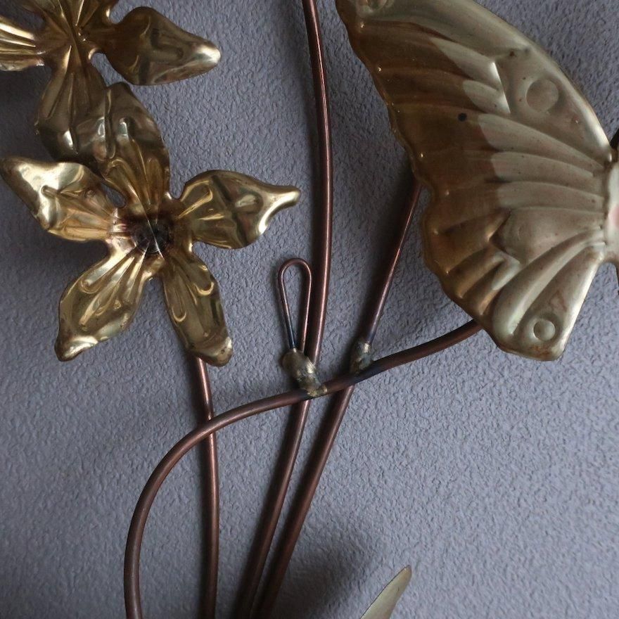 アンティーク　ヴィンテージ　飾物　アート　花　植物　3点セット❗️ Vintage Mid Century Brass Flower and Butterfly Wall Deco set