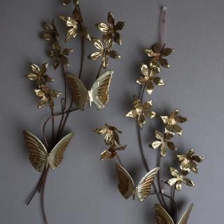 Vintage Mid Century Brass Flower and Butterfly Wall Deco set (A960)