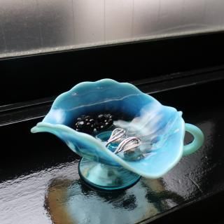 Antique Blue Opalescent Jefferson Glass Handled Nappy Footed Handled Olive(B024)