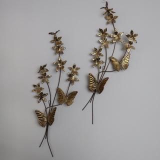Vintage Mid Century Brass Flower and Butterfly Wall Deco set (B046)
