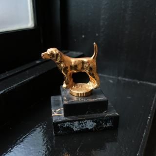 Vintage Gold Tone Dog Trophy Topper on Marble Base Object (B061)