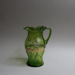Antique Victorian Blow glass Hand paint Green flower vase pitcher Jug(B255)