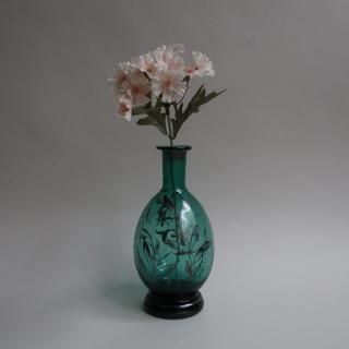 Antique green glass silver overlay floral Flower Vase (B390)