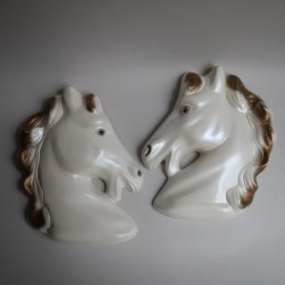 Vintage 1950's Plaster Chalkware Horse Pair Wall Deco set(B396)