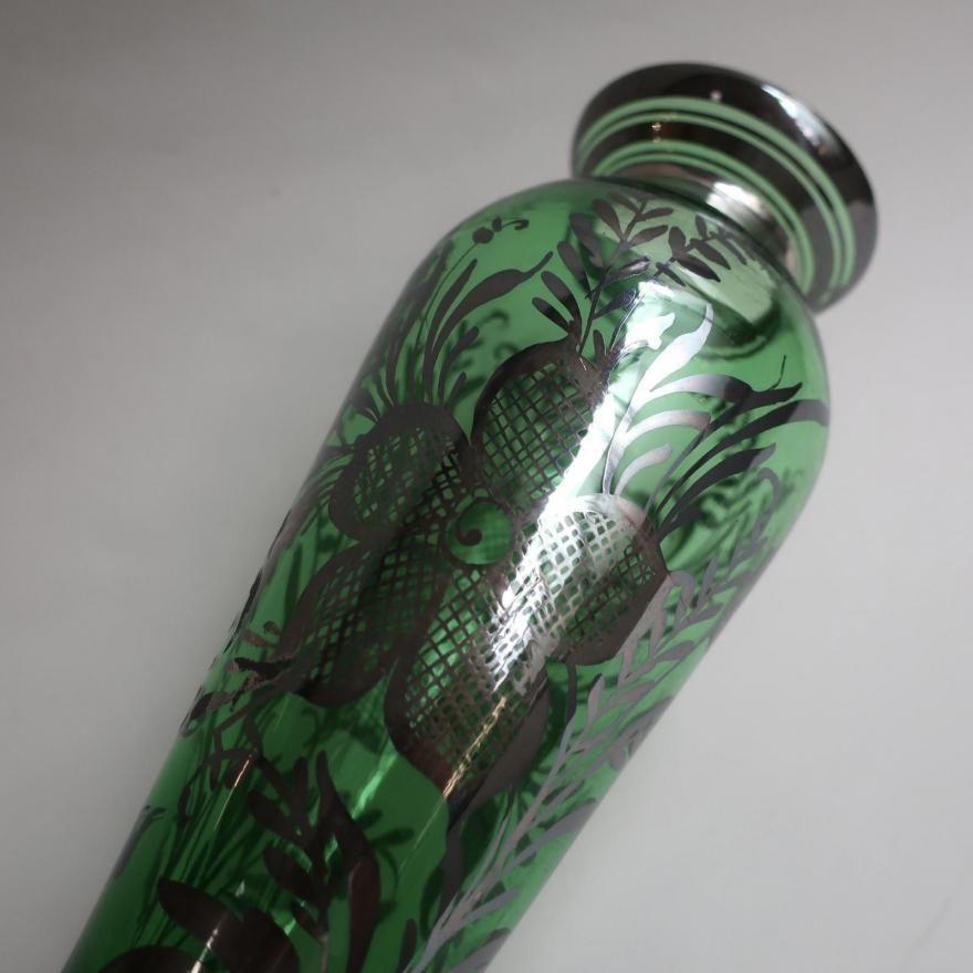 Antique green glass silver overlay floral Flower Vase (B405