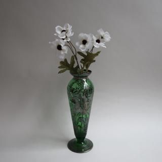 Antique green glass silver overlay floral Flower Vase (B405)