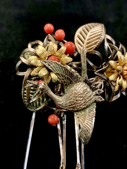 丹頂鶴に菊・桐図 純銀 鍍金 本珊瑚 びらびら簪」 (びらびらが 丹頂鶴に菊・桐図 純銀 鍍金 本珊瑚 びらびら簪」 (びらびらが