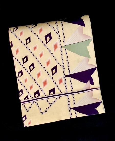 アール・デコ文様 全通柄 腹合わせ帯」(アンティーク帯側・繻子裏地