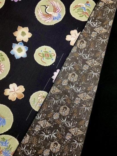 松喰い鶴（織）×鶴に花と丸紋 腹合わせ帯」（アンティーク丸帯と縮緬地