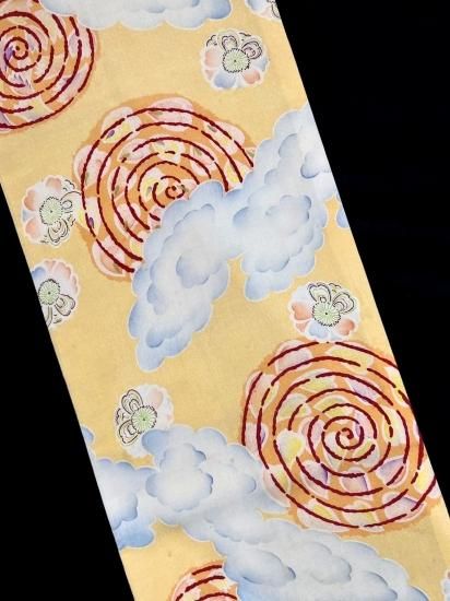 雲に渦巻・花文様 縮緬地 アール・デコ 名古屋帯」（新品