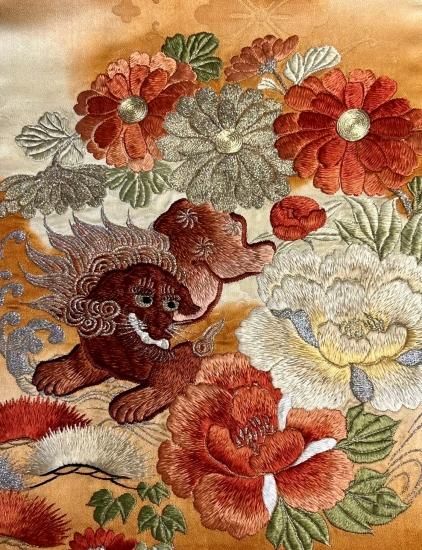 唐獅子牡丹に松・菊文様 アンティーク 刺繍 名古屋帯」(仕立て直し品