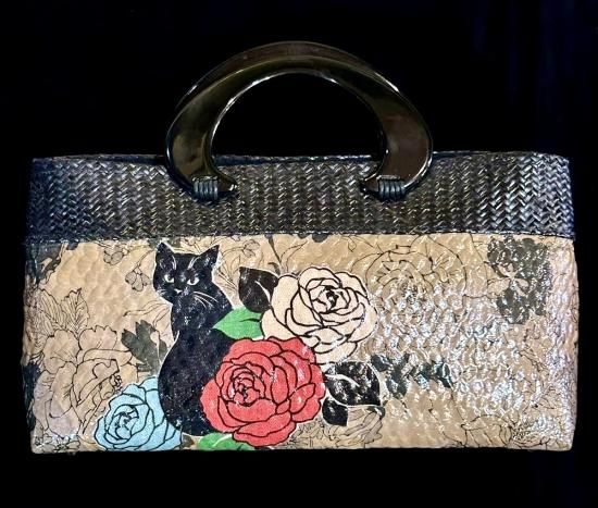 ランキングや新製品 薔薇に猫・楽器・トルソー柄 一閑張りバッグ」(作家物・未使用品 かごバッグ