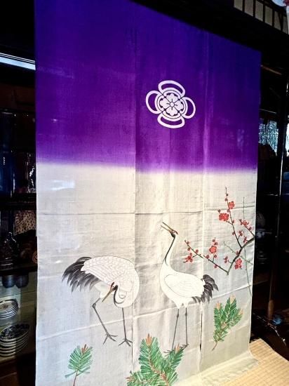 藍染木綿筒描五巾 月鶴松岩波 古布暖簾 - 生活骨董と古布の