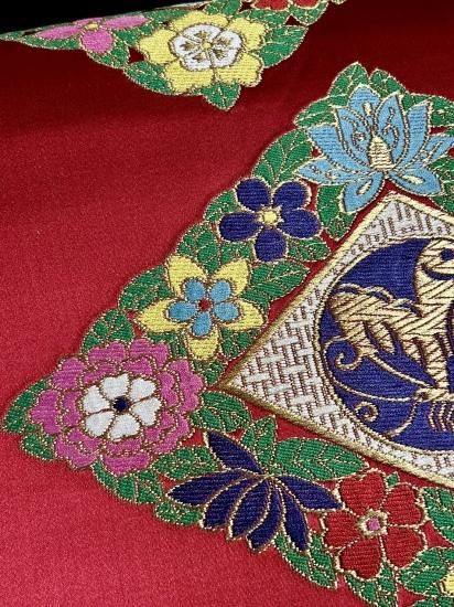 赤色 花繋ぎ菱に揚羽蝶文様 織 袋帯」(未使用・アンティーク帯皮