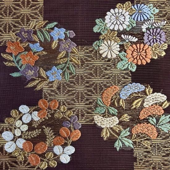 麻の葉文様石畳に秋草の花の丸文様 西陣織謹製 絽 唐織 袋帯