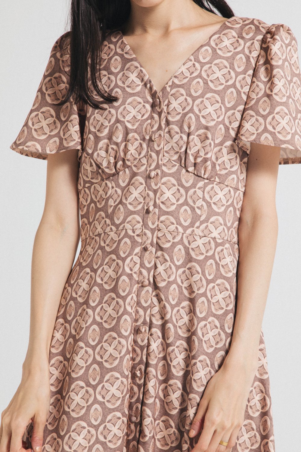 Tile Print Resort Dress（Brown） - Hdxuly,