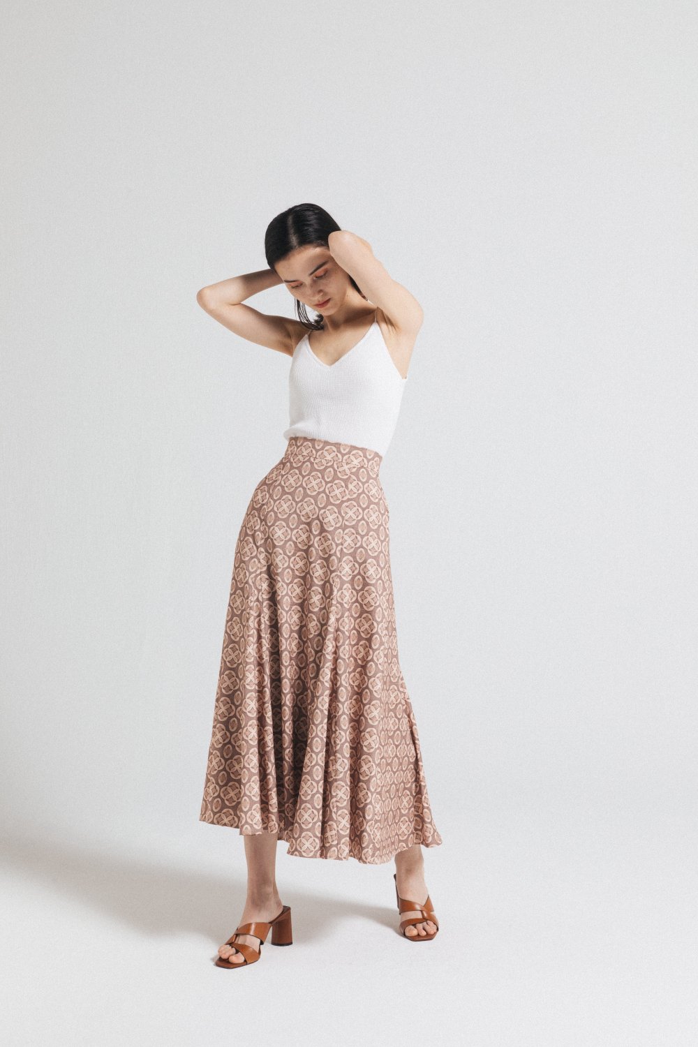 Tile Print Resort Skirt（Brown） - Hdxuly,
