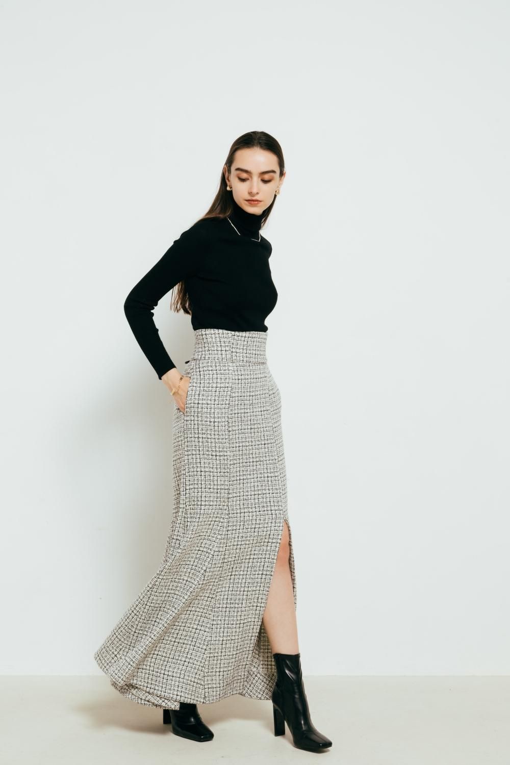Slit Lady Skirt(Tweed) - Hdxuly,