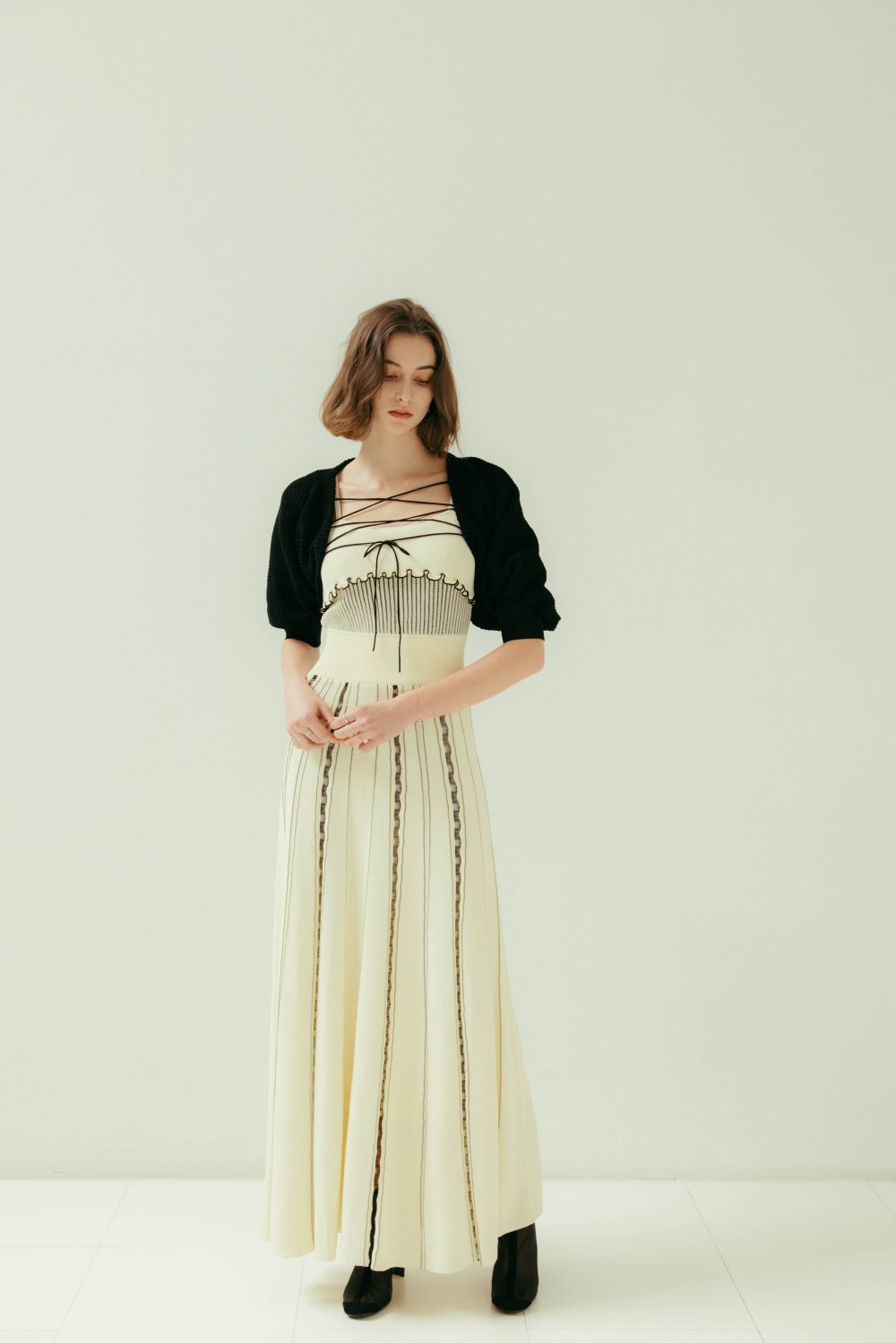 Knit Bolero Design Dress(Ivory×Black) - Hdxuly,