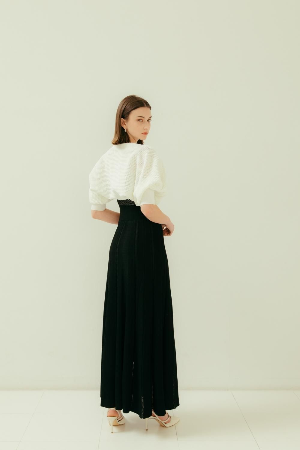 Knit Bolero Design Dress(Black×White) - Hdxuly,