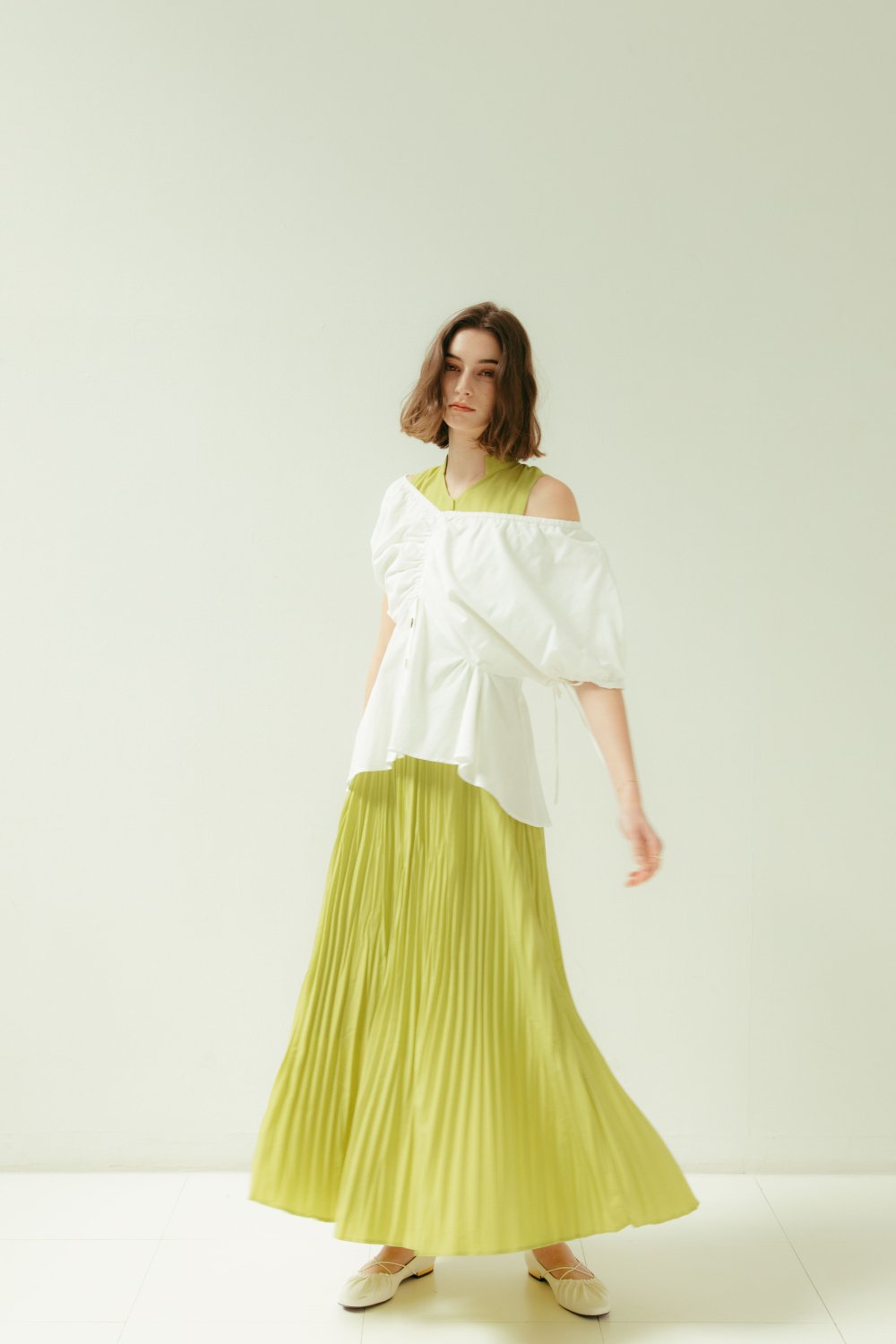 Design Blouse Layered Dress(Lime×White)