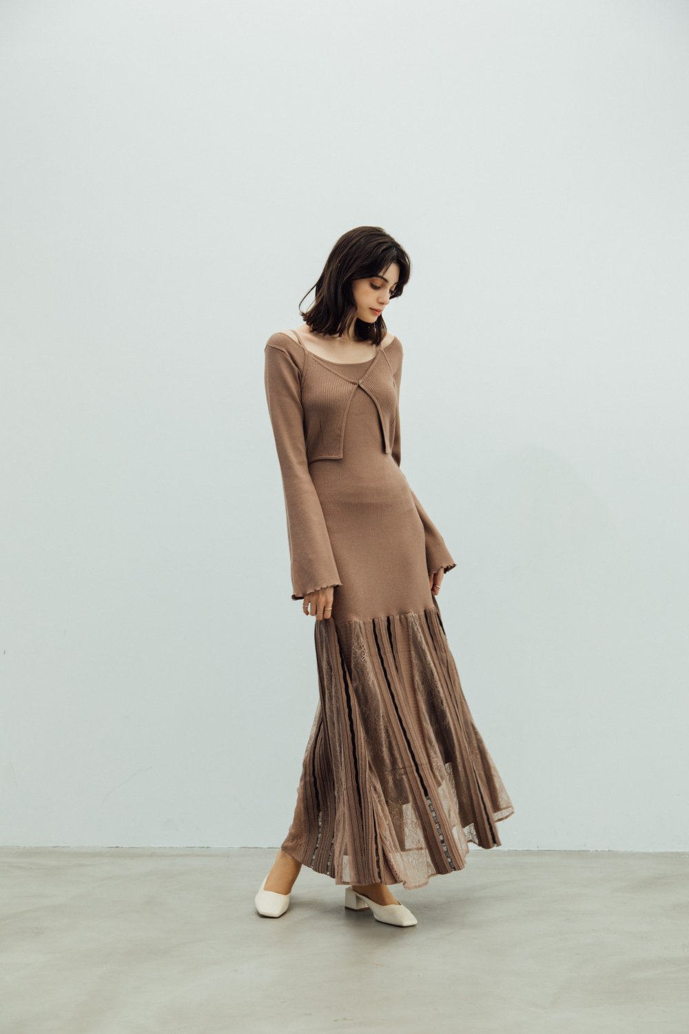 Lace Switching Knit Dress(Brown)