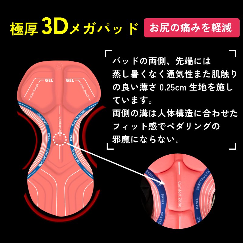 GORIX ゴリックス サイクル インナーパンツ 超極厚3DメガPAD (GSG-MEGA) 自転車レーサーパンツ メンズ 痛み軽減 伸縮性