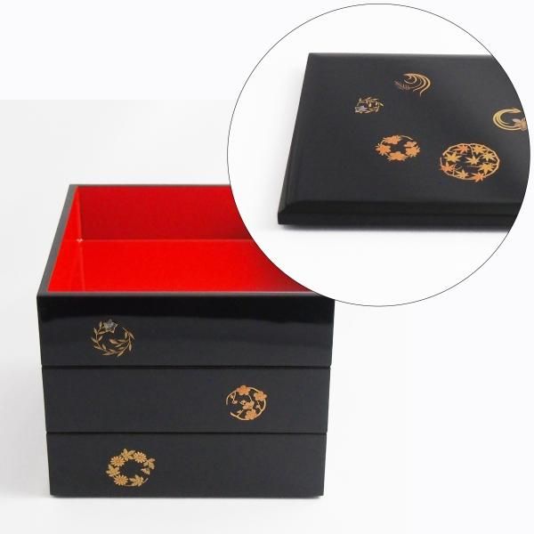 加賀蒔絵 6寸 姫華丸 角 三段重 - 【漆器の通販】漆器の能作 加賀蒔絵 6寸 姫華丸 角 三段重 - 【漆器の通販】漆器の能作