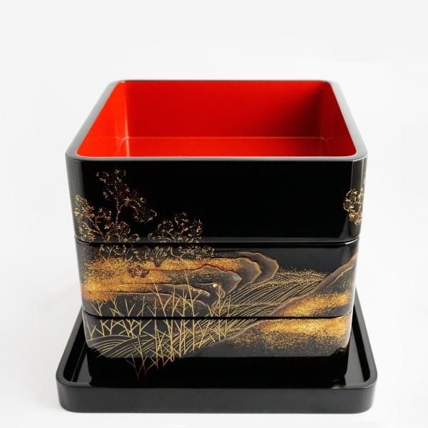 輪島塗 7寸 山水蒔絵 三段重(平台付) - 【漆器の通販】漆器の 輪島塗 7寸 山水蒔絵 三段重(平台付) - 【漆器の通販】漆器の