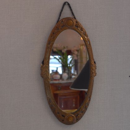 【フランスアールデコ装飾置物】壁掛け鏡 楕円形ミラー 花ブロンズ