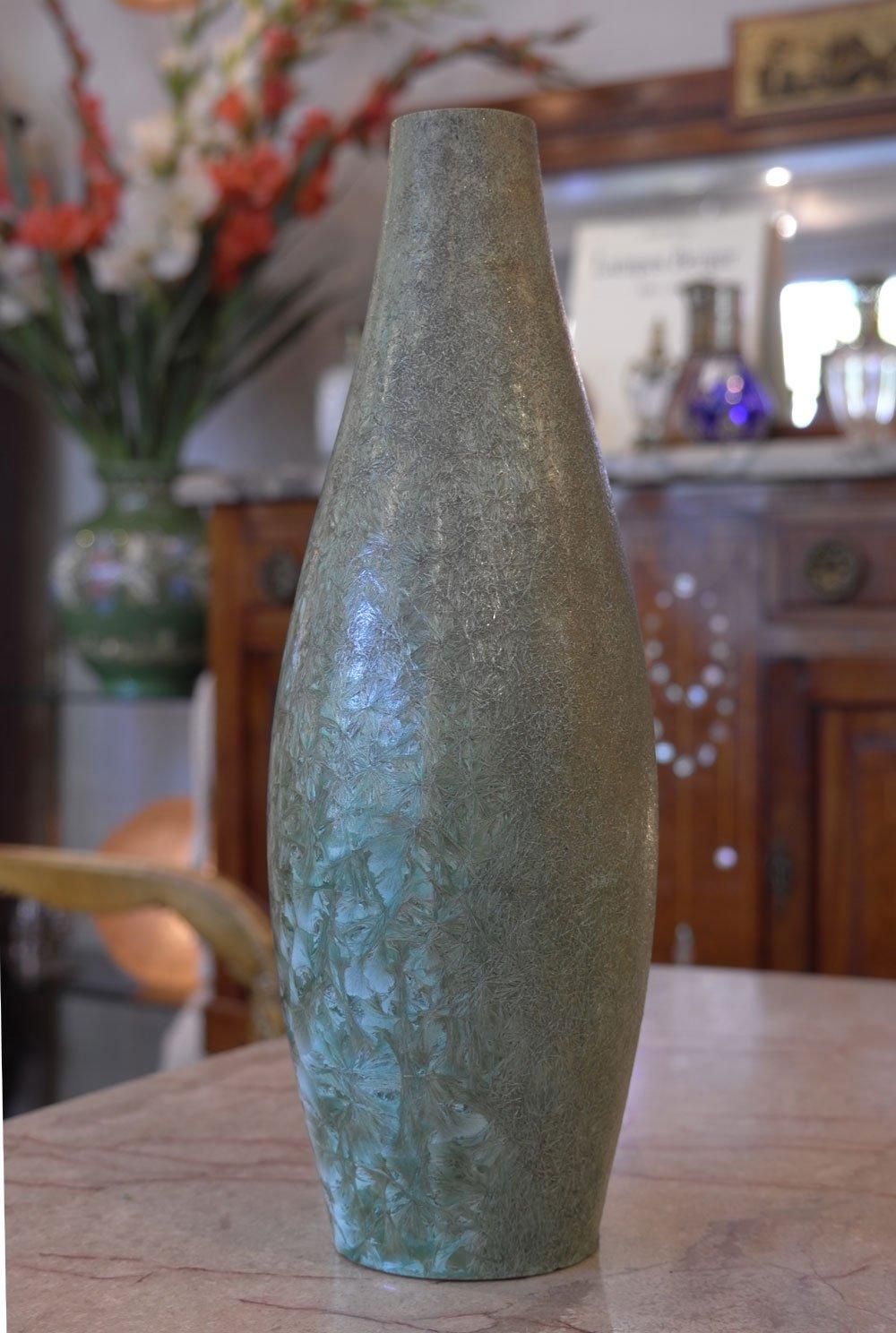 フランスアールヌーボー置物】縦長一輪挿し花瓶 陶器 緑 結晶釉 フランスアールヌーボー置物】縦長一輪挿し花瓶 陶器 緑 結晶釉