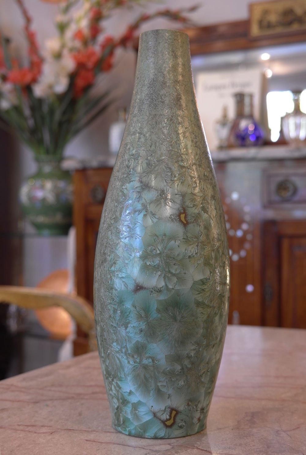 フランスアールヌーボー置物】縦長一輪挿し花瓶 陶器 緑 結晶釉