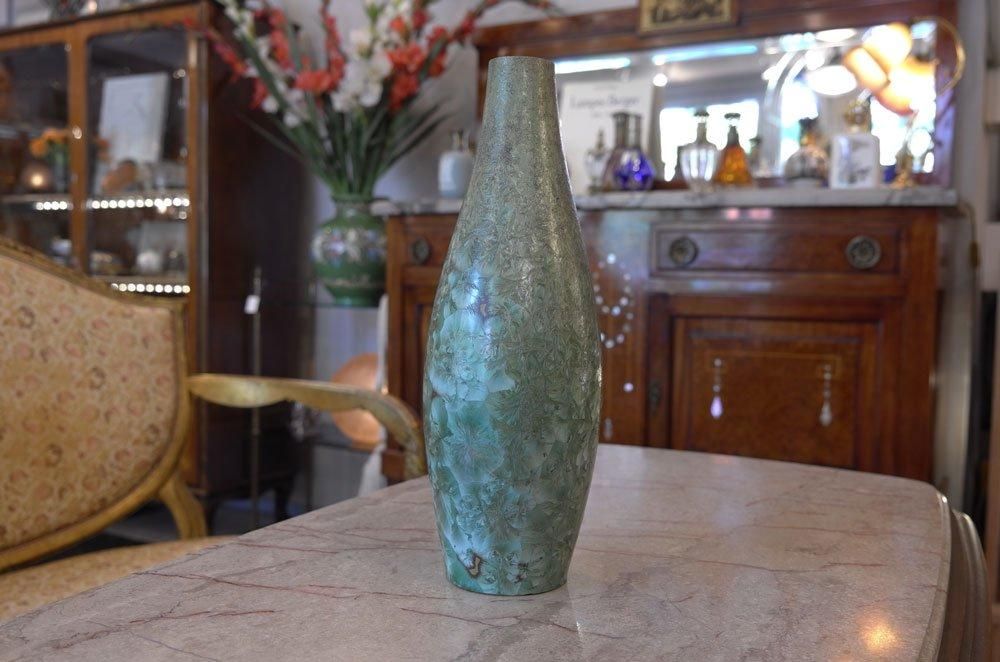 フランスアールヌーボー置物】縦長一輪挿し花瓶 陶器 緑 結晶釉 フランスアールヌーボー置物】縦長一輪挿し花瓶 陶器 緑 結晶釉