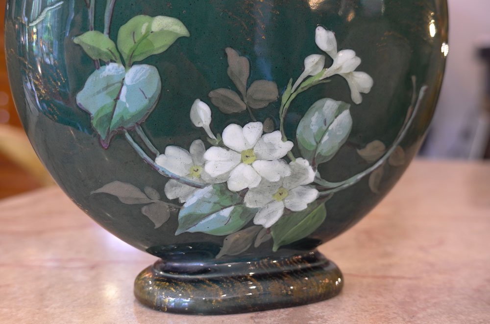 フランスアールヌーボー置物】丸花瓶 一輪挿し 蜂文様 幸運 緑 19世紀 